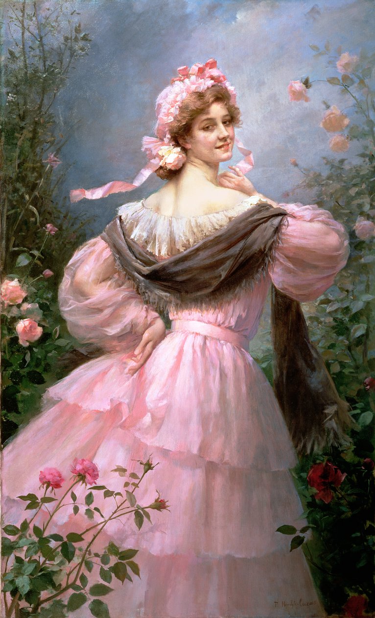 Femme élégante dans un jardin de roses - Felix Hippolyte Lucas
