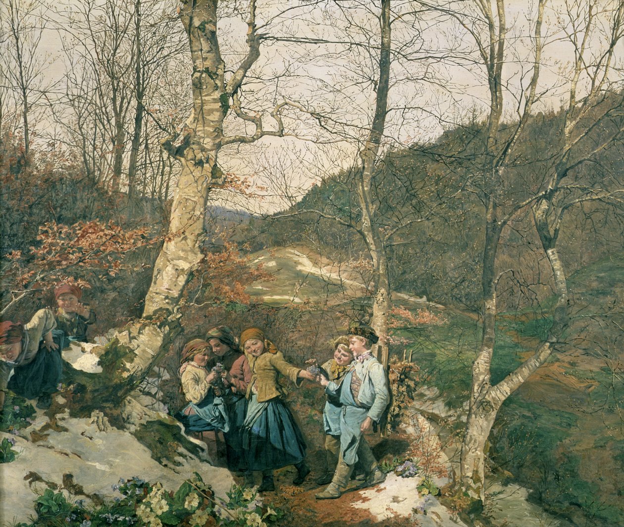 Début du printemps dans les bois de Vienne (Les cueilleuses de violettes) - Ferdinand Georg Waldmuller