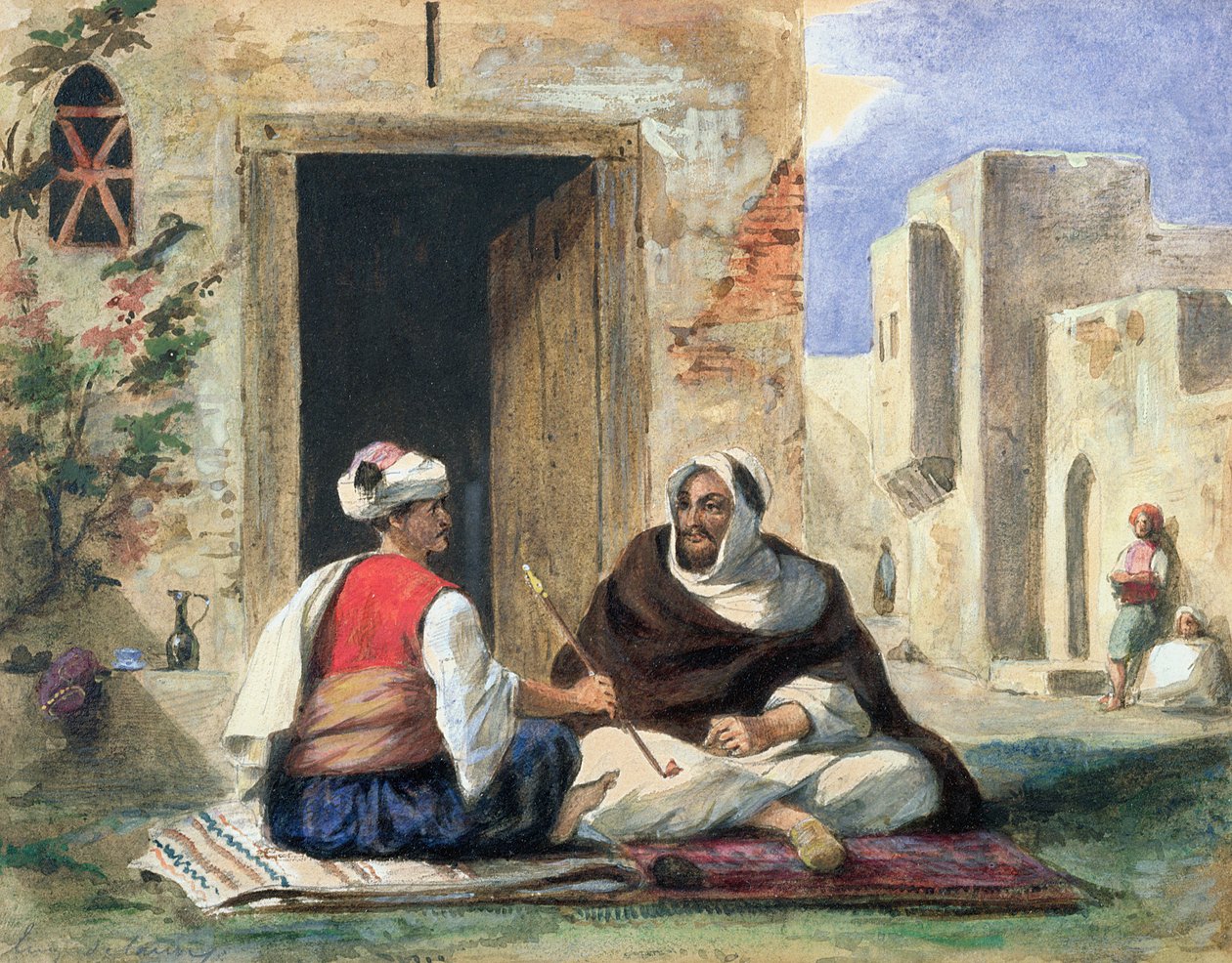 Hommes arabes fumant devant une maison - Ferdinand Victor Eugene Delacroix