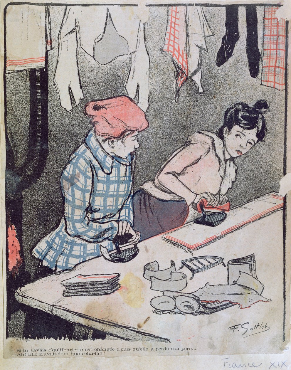 Caricature représentant deux blanchisseuses bavardant, fin du 19e siècle - Fernand Louis Gottlob
