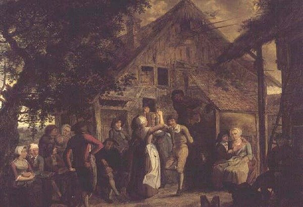 Villageois faisant la fête devant une ferme - Flemish School