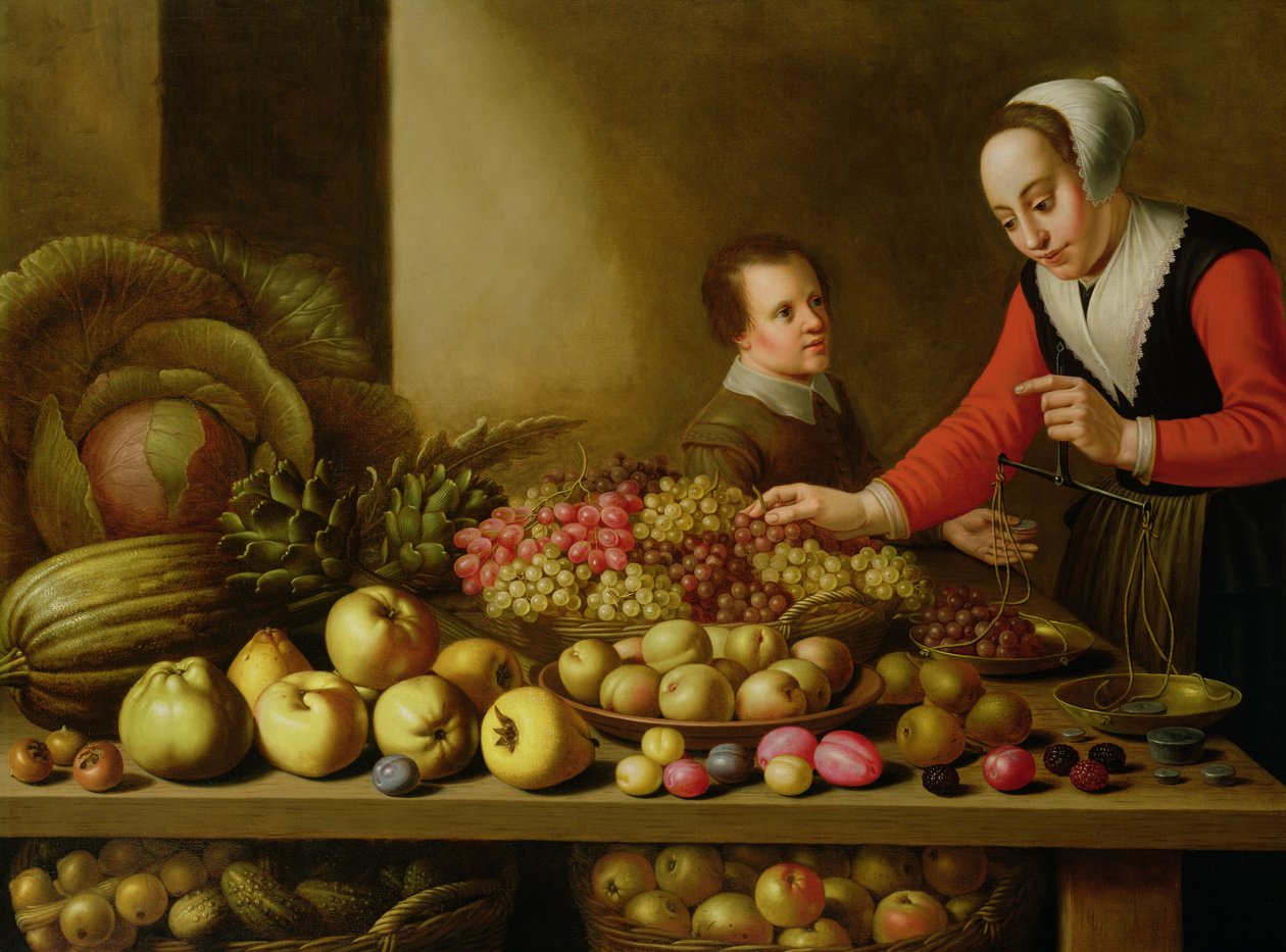 Fille vendant des raisins sur une grande table chargée de fruits et légumes - Floris Gerritsz van Schooten