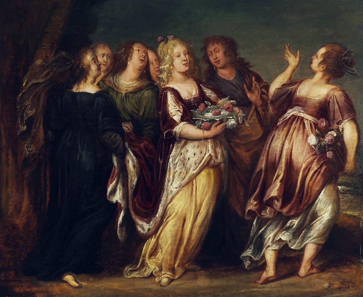 Jeune souveraine accompagnée de six filles portant un bol de fleurs - Follower of Abraham Janssens