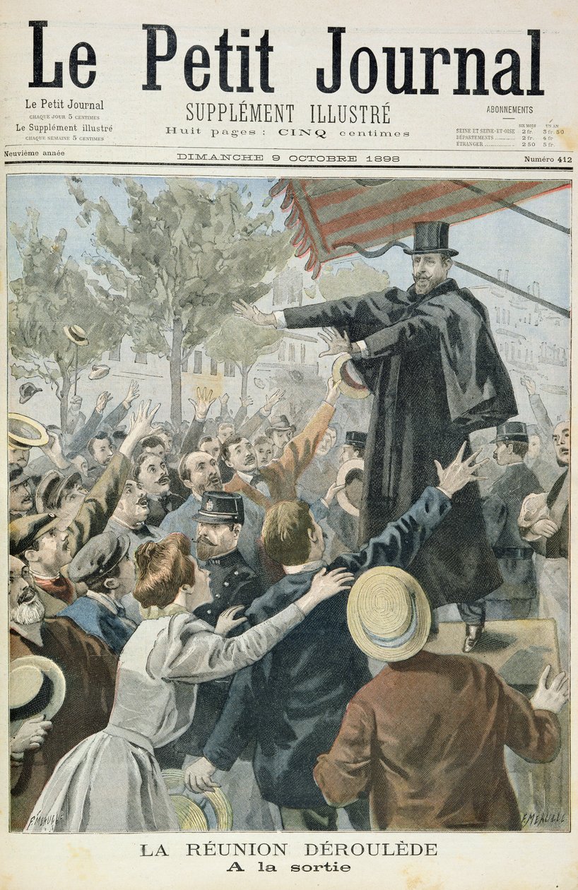 Page de titre représentant la rencontre avec Deroulede, illustration du supplément illustré du Petit Journal, 9 octobre 1898 (lithographie en couleur) - Fortune Louis Meaulle