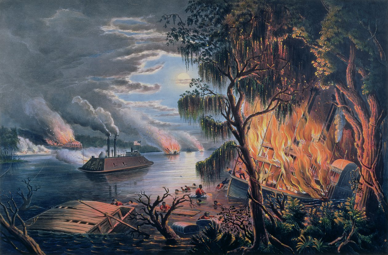 Le Mississippi en temps de guerre, publié par Currier et Ives, New York, 1865 - Frances Flora Bond Palmer