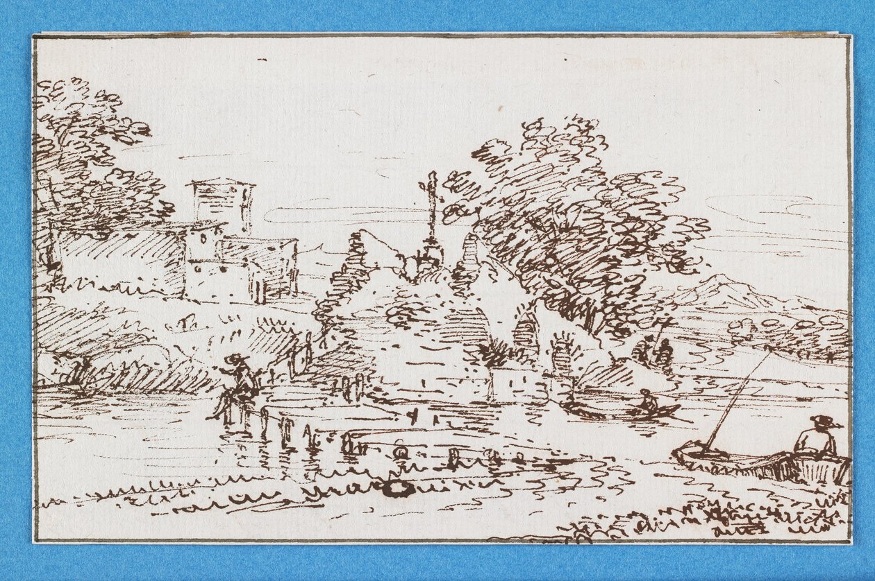 Paysage avec figures pêchant, milieu du XVIIe siècle - Francesco Allegrini