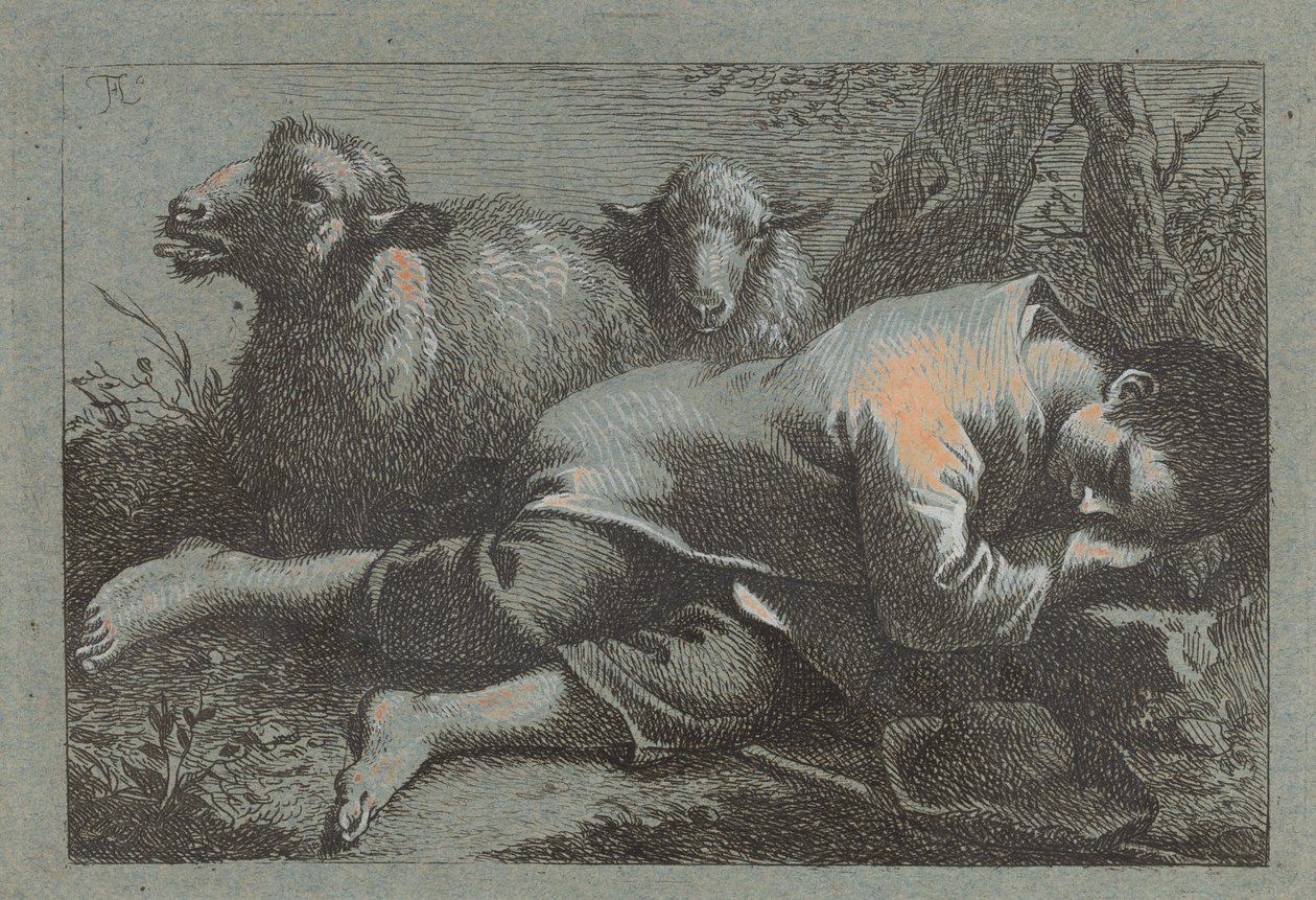 Garçon paysan endormi près de deux moutons - Francesco Londonio