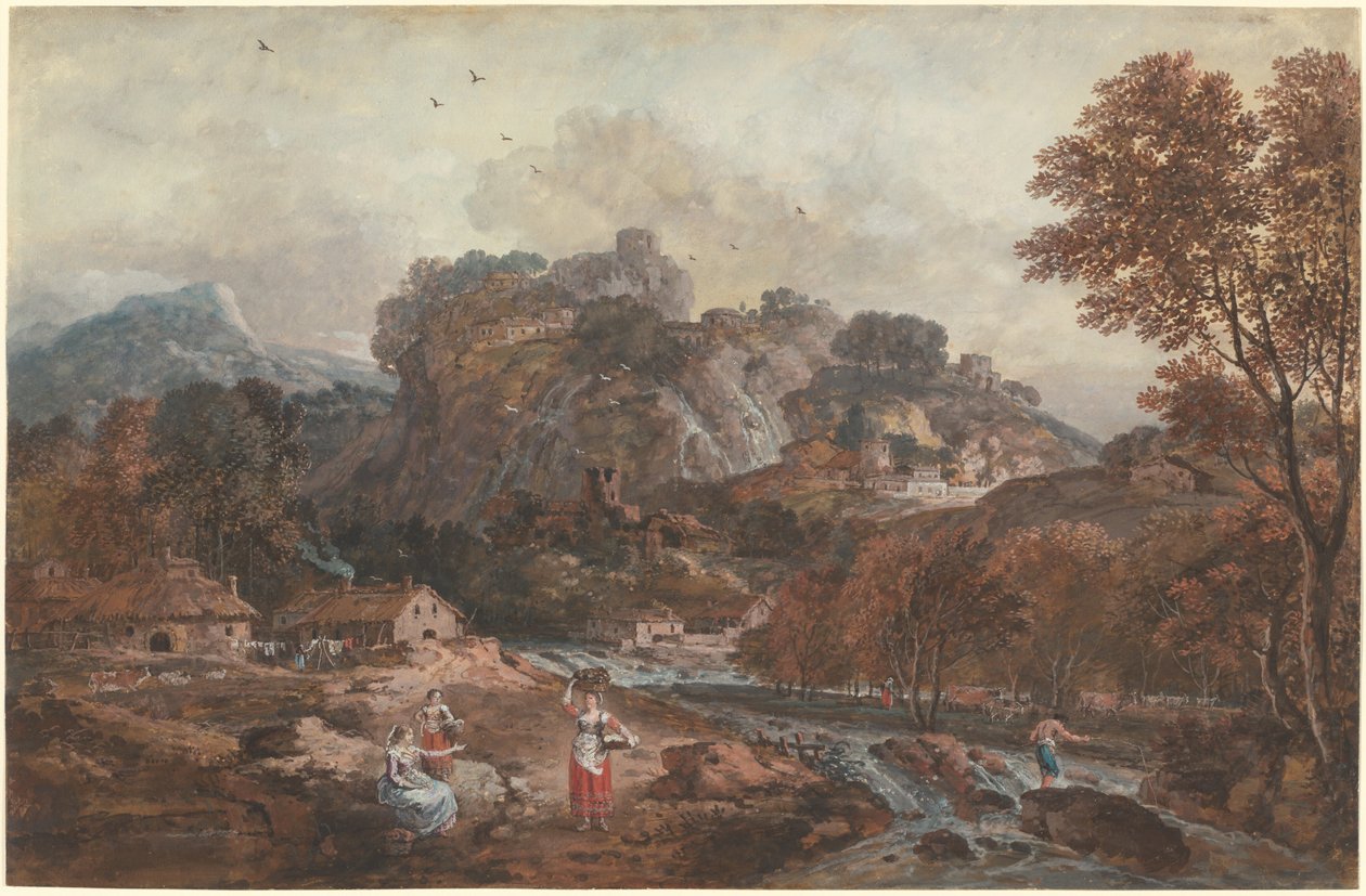 Paysage de montagne avec lavandières et pêcheur - Francesco Zuccarelli