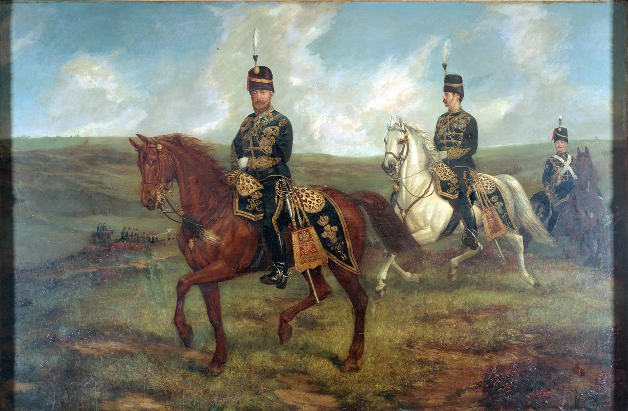 Le Prince de Galles (1841-1910) avec le lieutenant-colonel Valentine Baker (1827-87) passant en revue les 10e Hussards, Aldershot, 8 septembre 1871, vers 1871 (huile sur toile montée sur panneau) - Francis Grant
