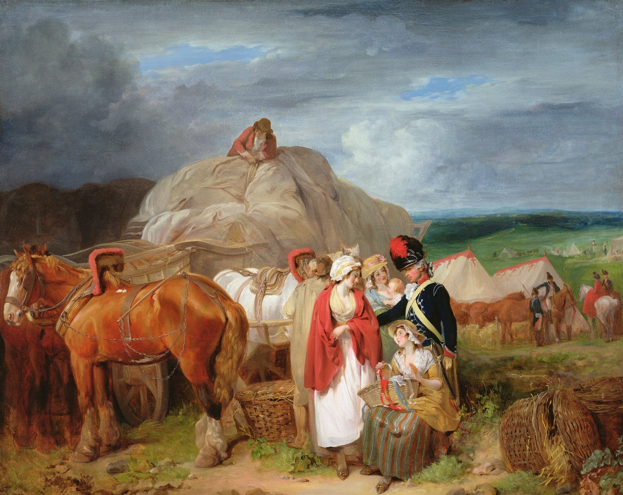 Soldat avec des paysannes vendant des rubans près d