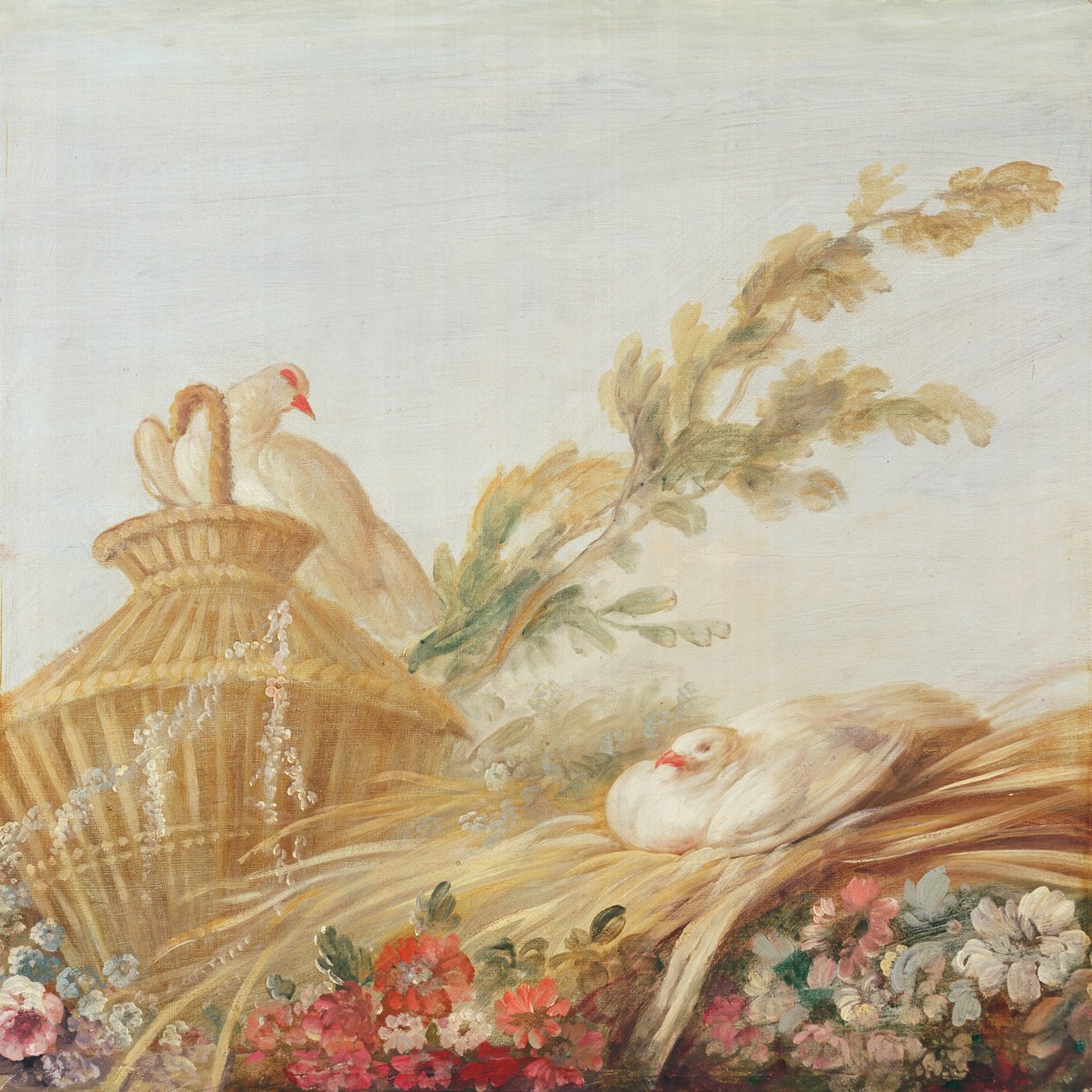 Salon du graveur Gilles Demarteau, au-dessus de la porte; des colombes couvant leurs œufs dans le foin, 1750-65 - François Boucher