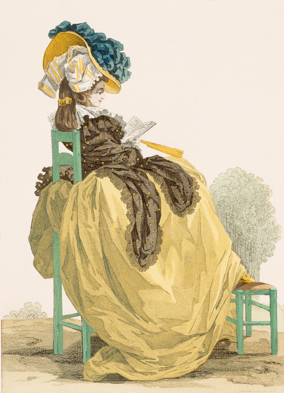 Dame lisant dans un jardin en robe jaune simple avec châle marron, gravé par Dupin, planche no.223 de 