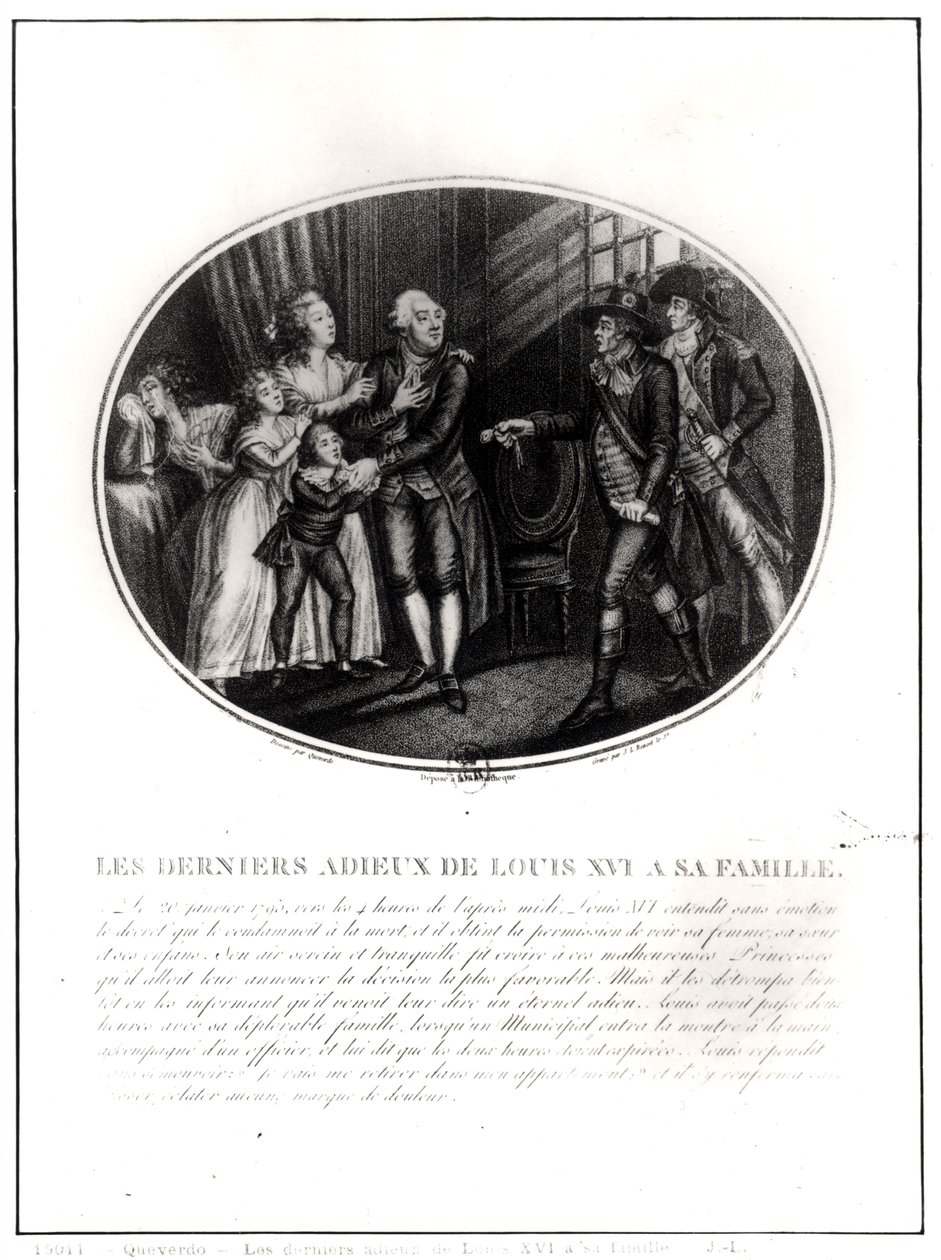 Les derniers adieux de Louis XVI (1754-93) à sa famille, 20 janvier 1793, gravé par J. L. Benoist (fl.1800-40) - Francois Maria Isidore Queverdo