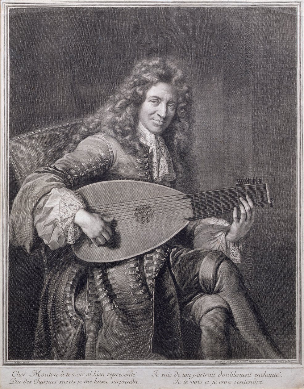 Portrait de Mouton jouant du luth, gravé par Gerard Edelinck (1640-1707) - Jean François de Troy