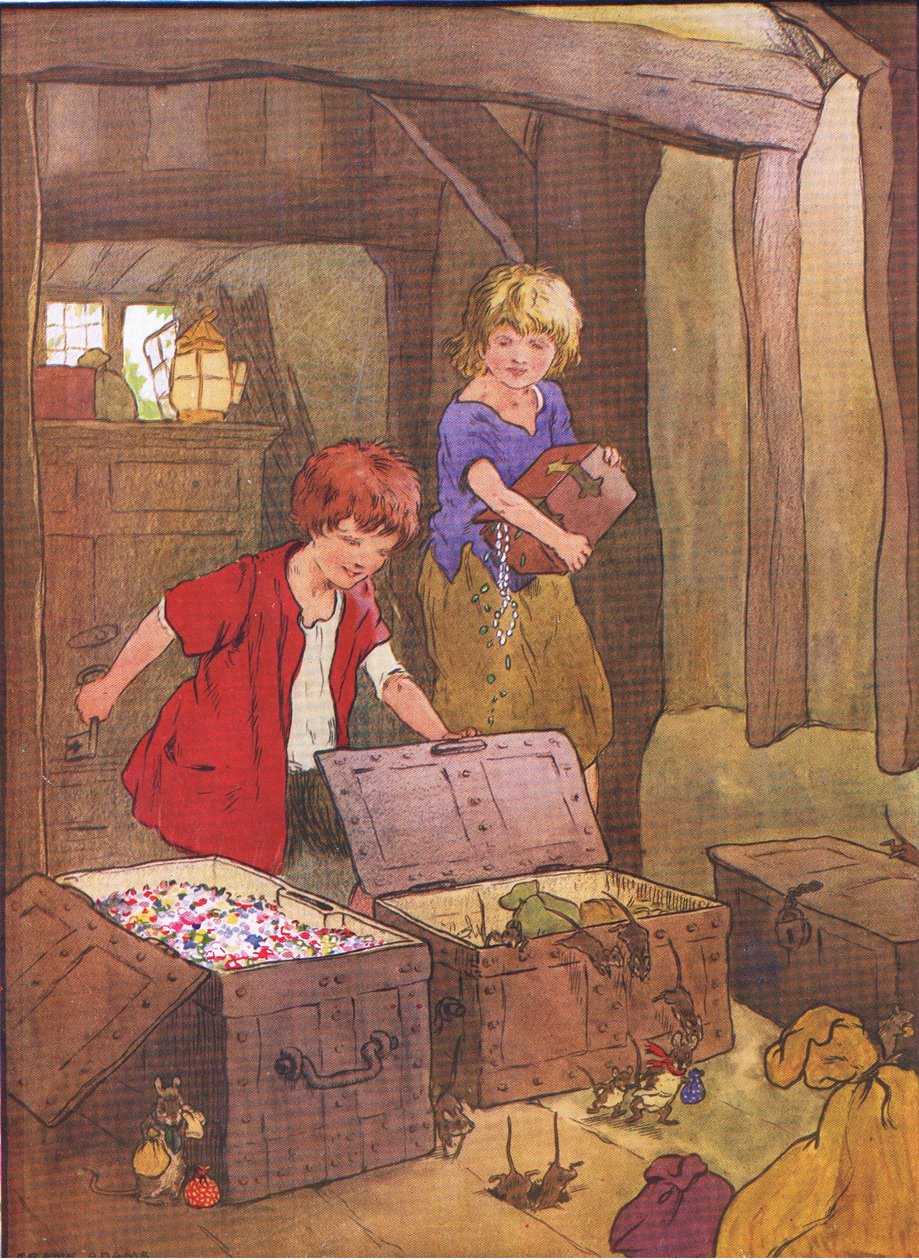 En ouvrant les coffres, ils les trouvèrent remplis de merveilles, de gemmes, de bijoux et de diamants, de Hansel et Gretel publié par Blackie & Son Limited, vers 1940 - Frank Adams