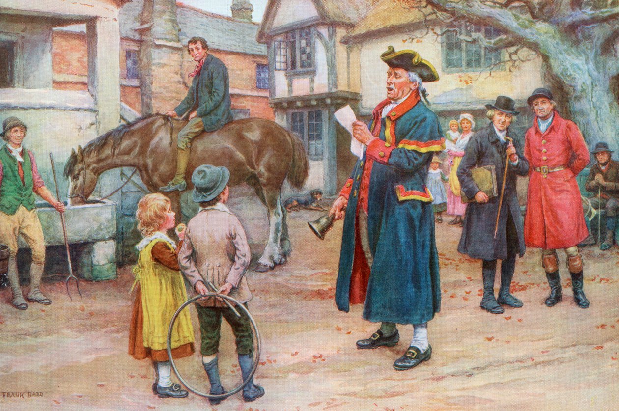 Crieur public lisant les nouvelles, c.1925 (sérigraphie) - Frank Dadd