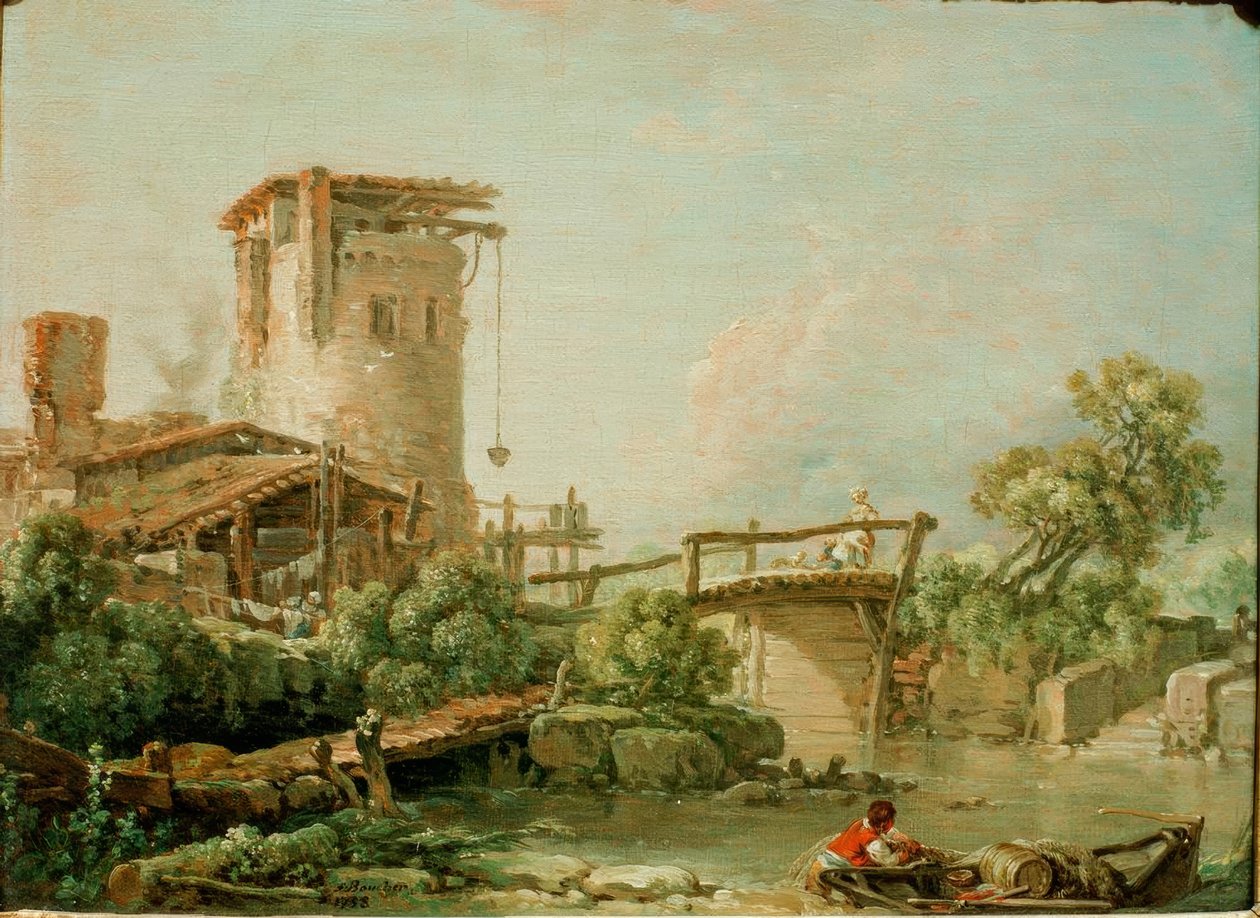 Paysage avec tour et pont - François Boucher