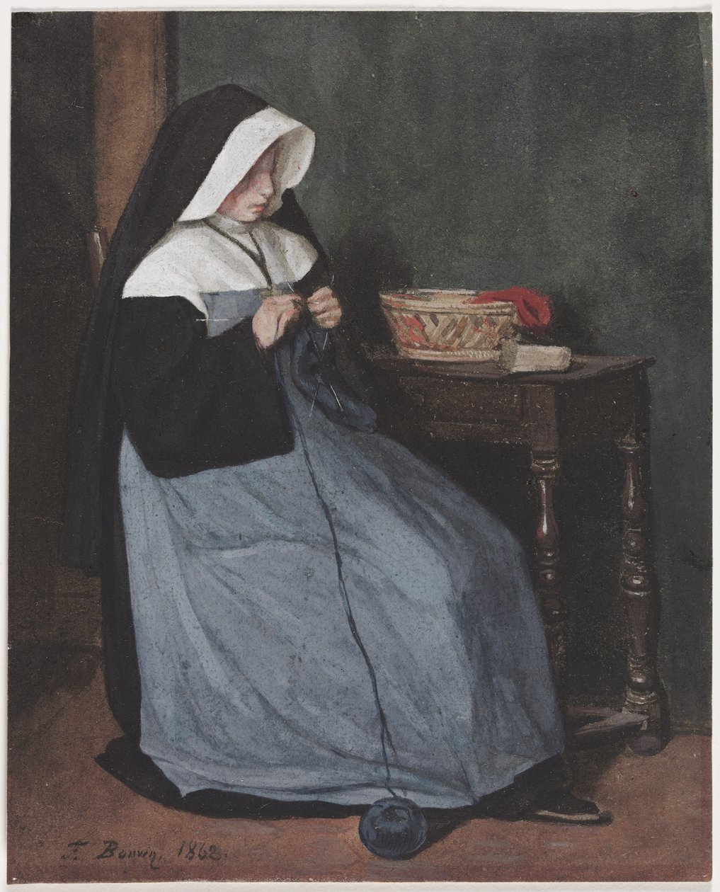 Une nonne assise à une table tricotant - François Bonvin