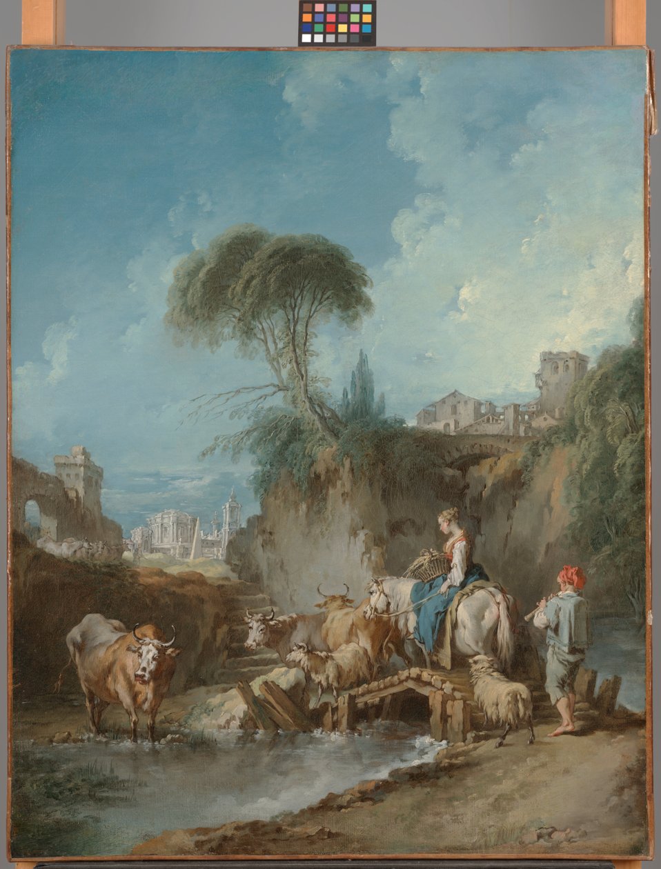 Paysage avec bâtiments lointains et une bergère - François Boucher