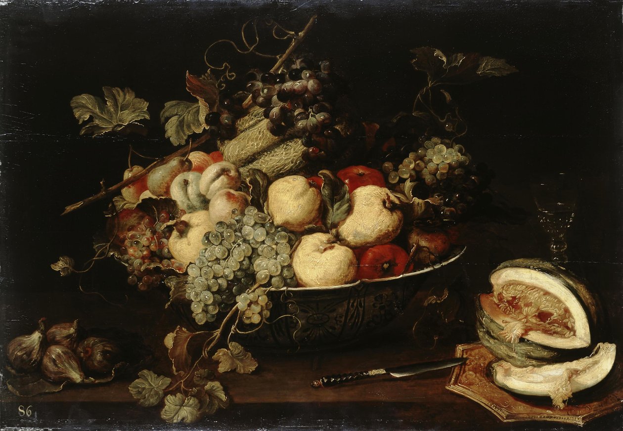 Fruits dans un bol et un melon tranché - Frans Snyders or Snijders