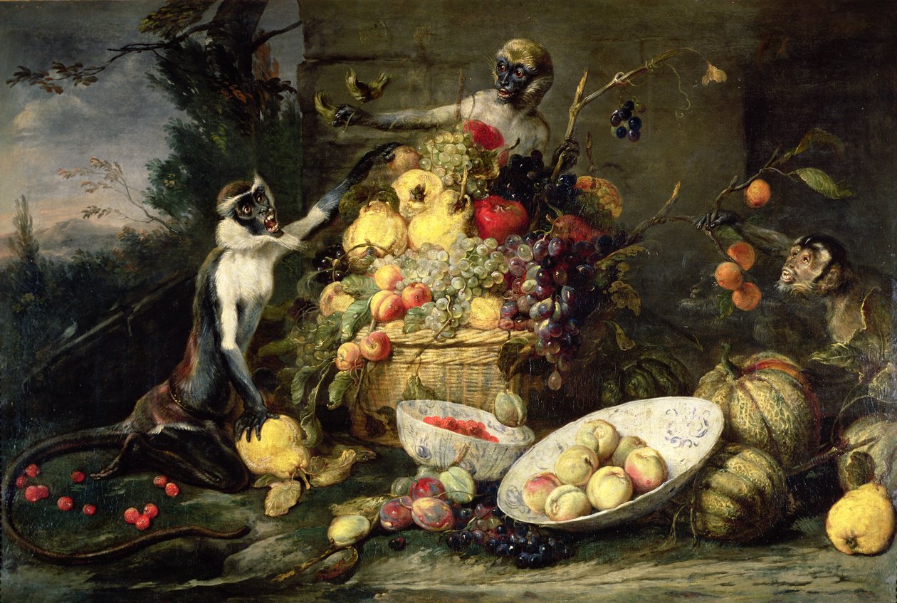 Trois Singes volant des fruits - Frans Snyders or Snijders