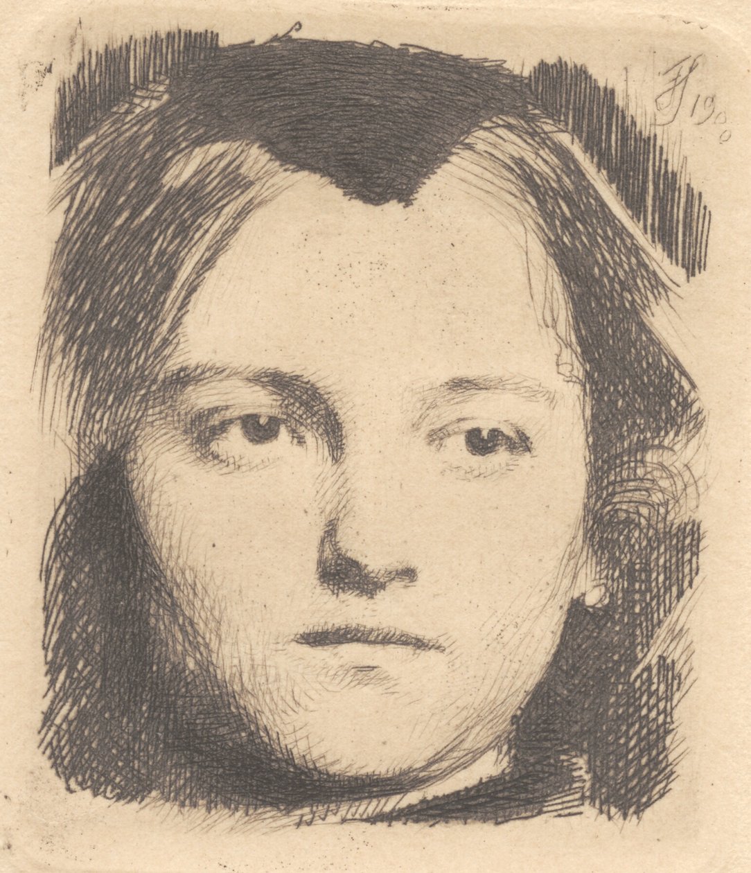 Jeune tête de femme, de face, avec une pointe. Plaque d