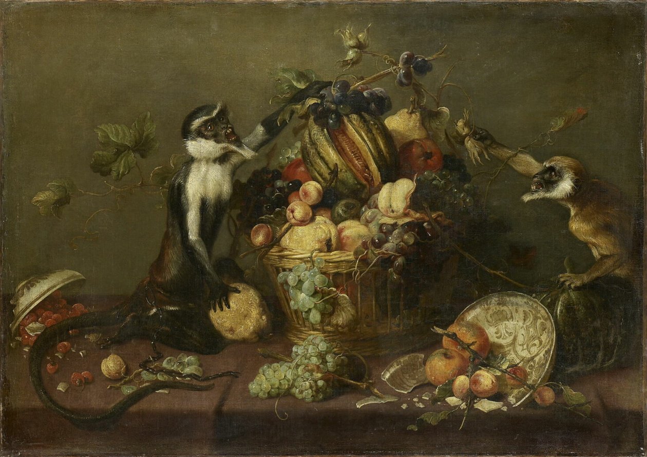 Deux singes dévalisant une corbeille de fruits - Frans Snyders