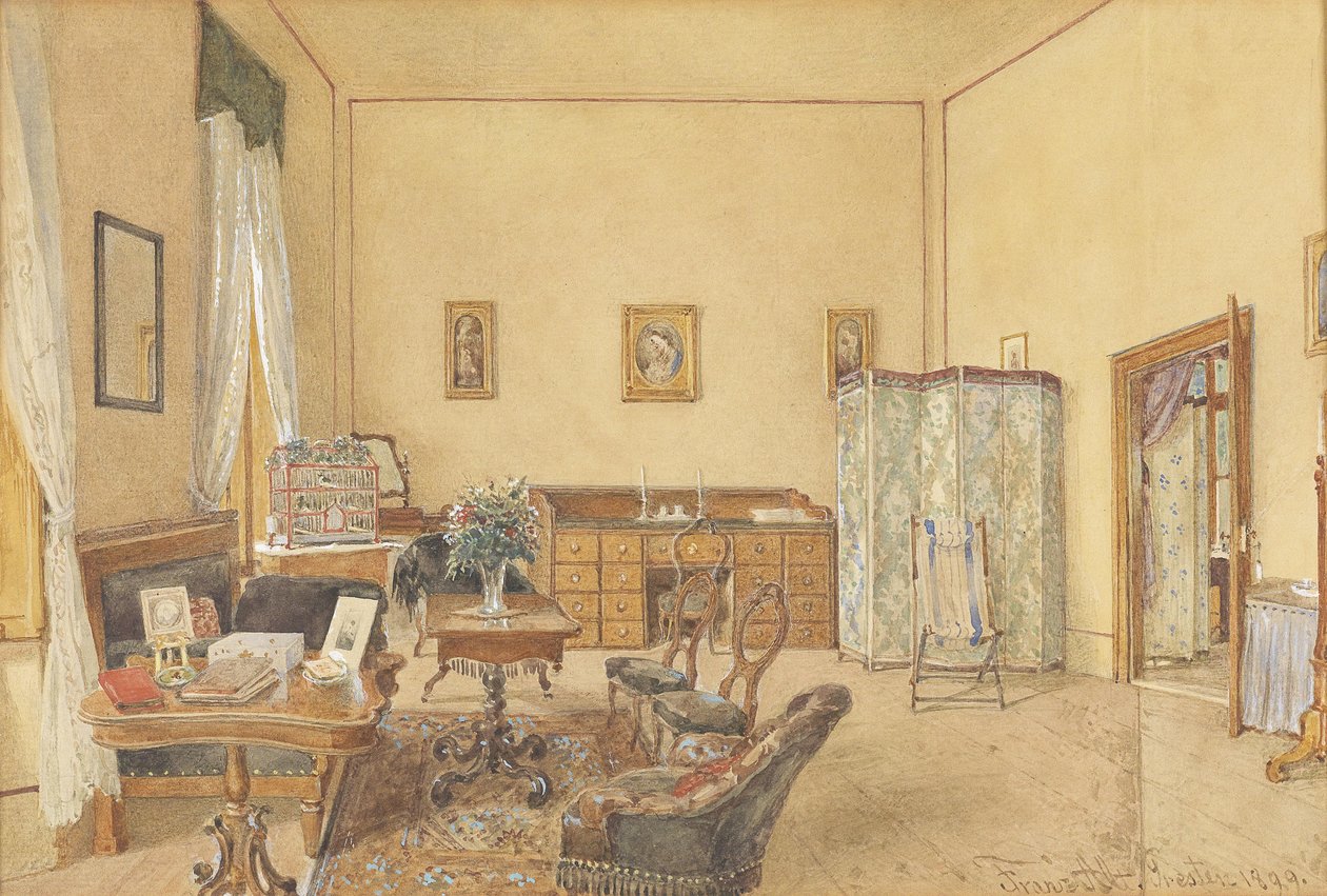 Intérieur avec cage à oiseaux et chaise de plage - Franz Alt