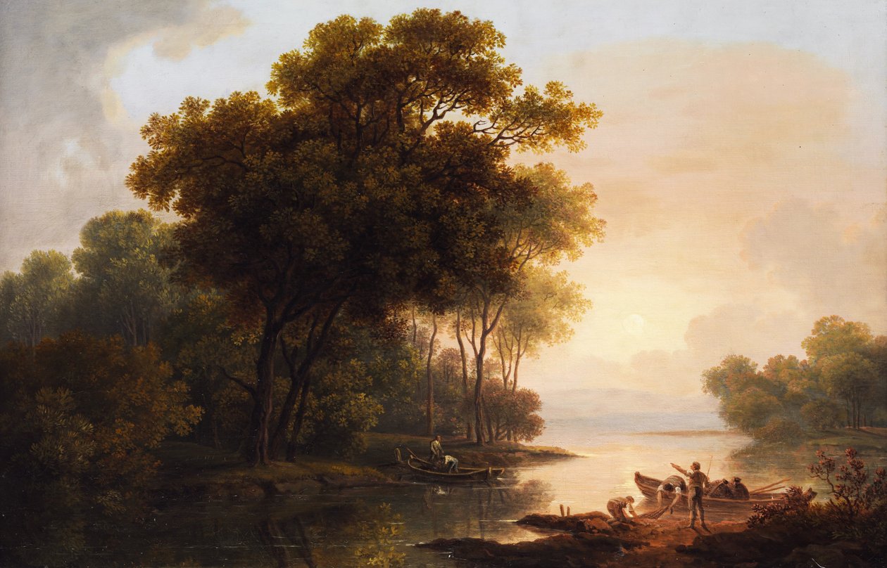 Paysage arboré avec vue sur une rive de lac dans une lumière crépusculaire - Franz Scheyerer