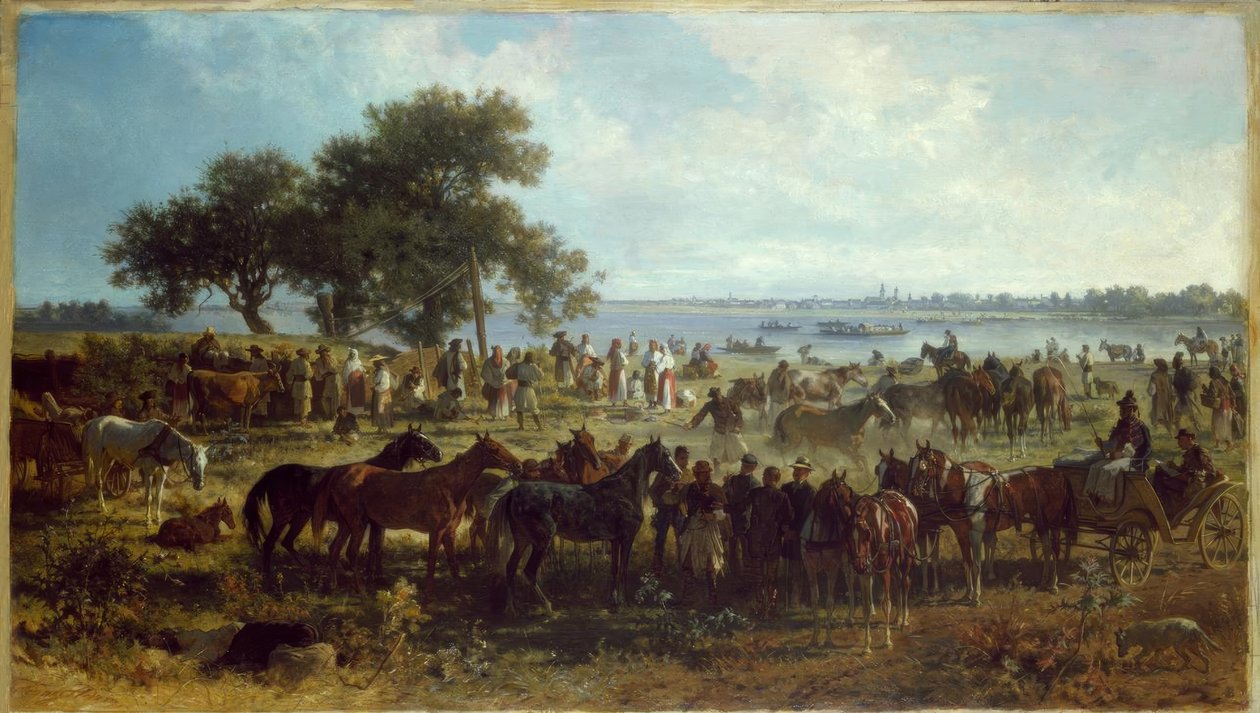 F. Adam, Bac sur la rive de la Theiss - Franz Adam