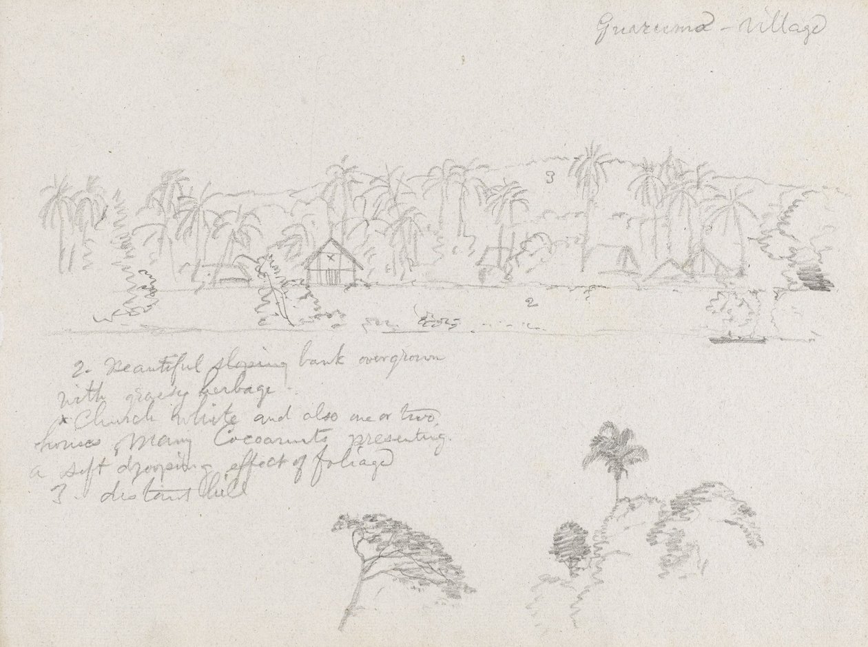 Dessin. Croquis. Le village Guarumo, probablement en Colombie. - Frederic Edwin Church