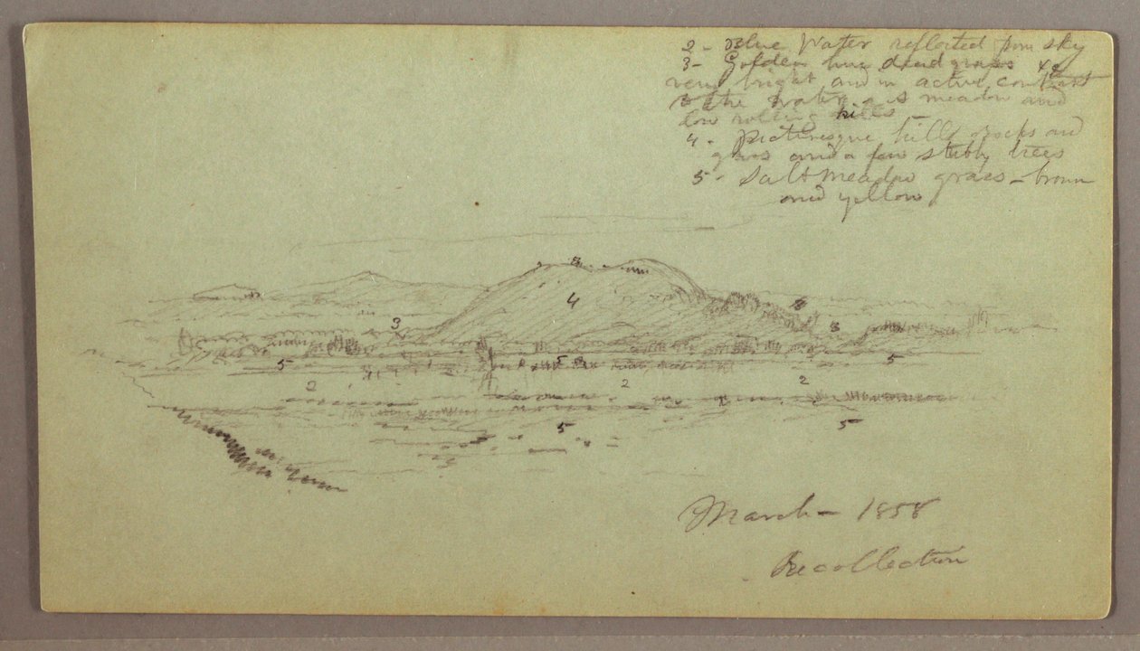 Dessin, collines, rivière, mars 1858 - Frederic Edwin Church