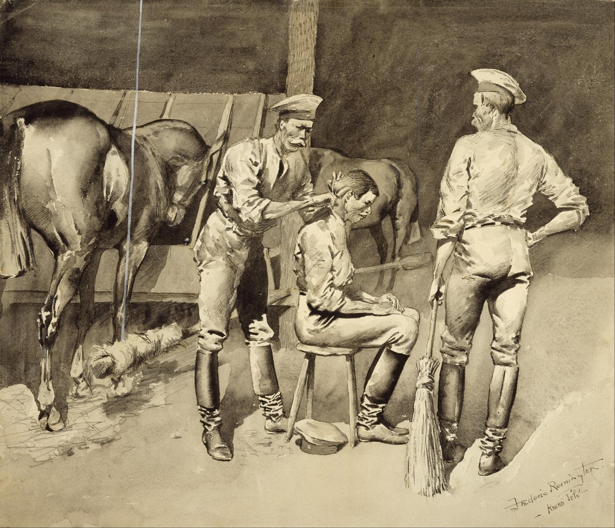 Une coupe de cheveux dans une écurie de cavalerie - Frederic Remington