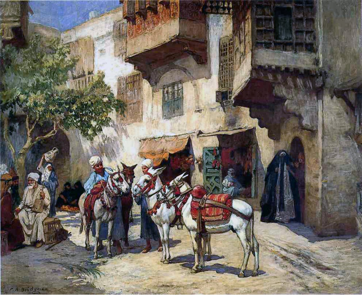 Rue orientale avec des ânes - Frederick Arthur Bridgman