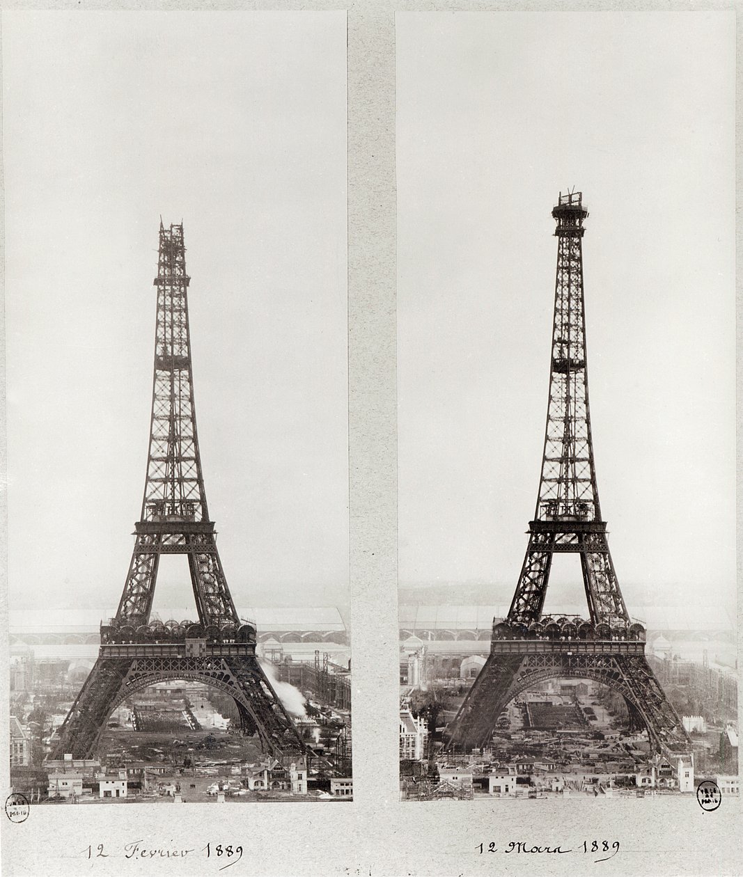 Deux vues de la construction de la Tour Eiffel, Paris, 12 février et 12 mars 1889 - French Photographer