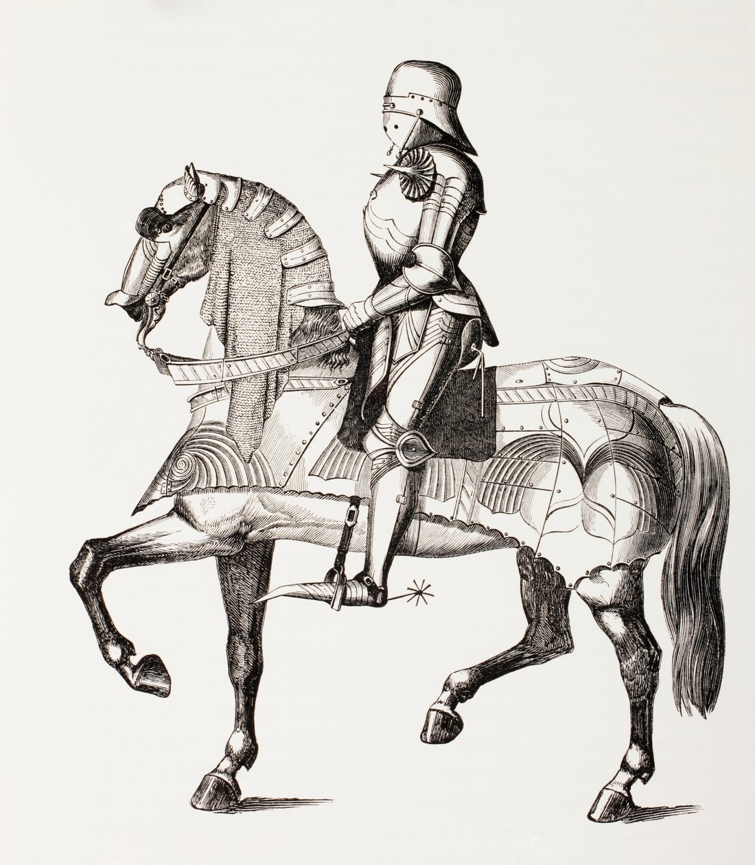 Chevalier du XVe siècle en armure complète monté sur un cheval en armure, de 