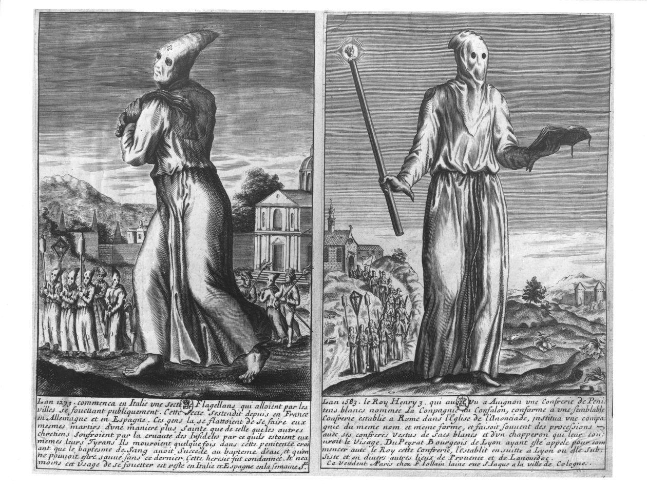 Un maître flagellant conduit sa bande de suiveurs à travers une ville, de 