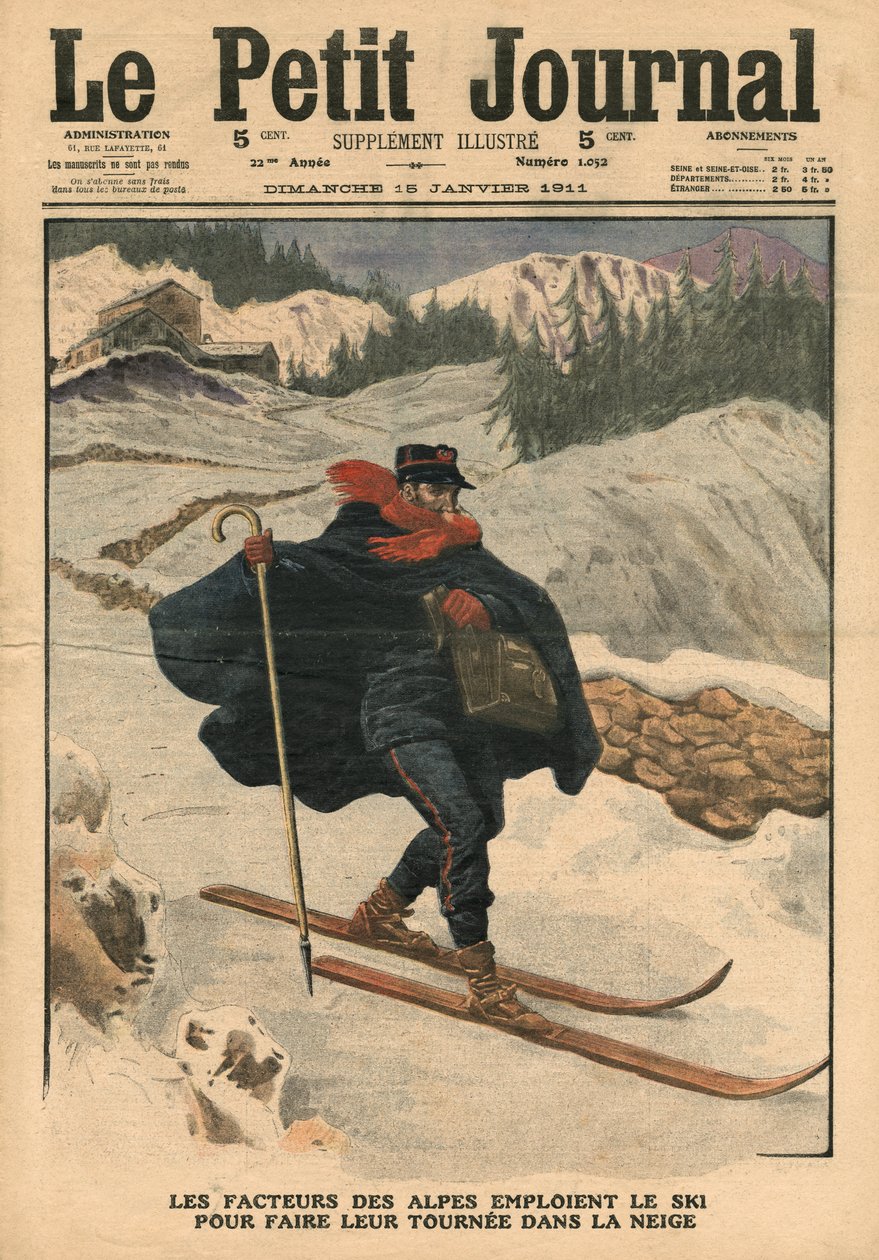 Facteurs alpins utilisant des skis pendant leurs tournées dans la neige, illustration de 