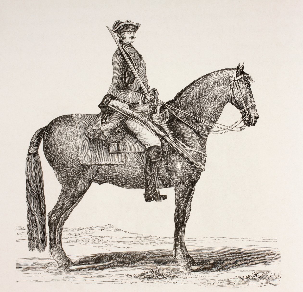 Un Soldat de Cavalerie Français du XVIIIe Siècle monté avec ses armes, de 