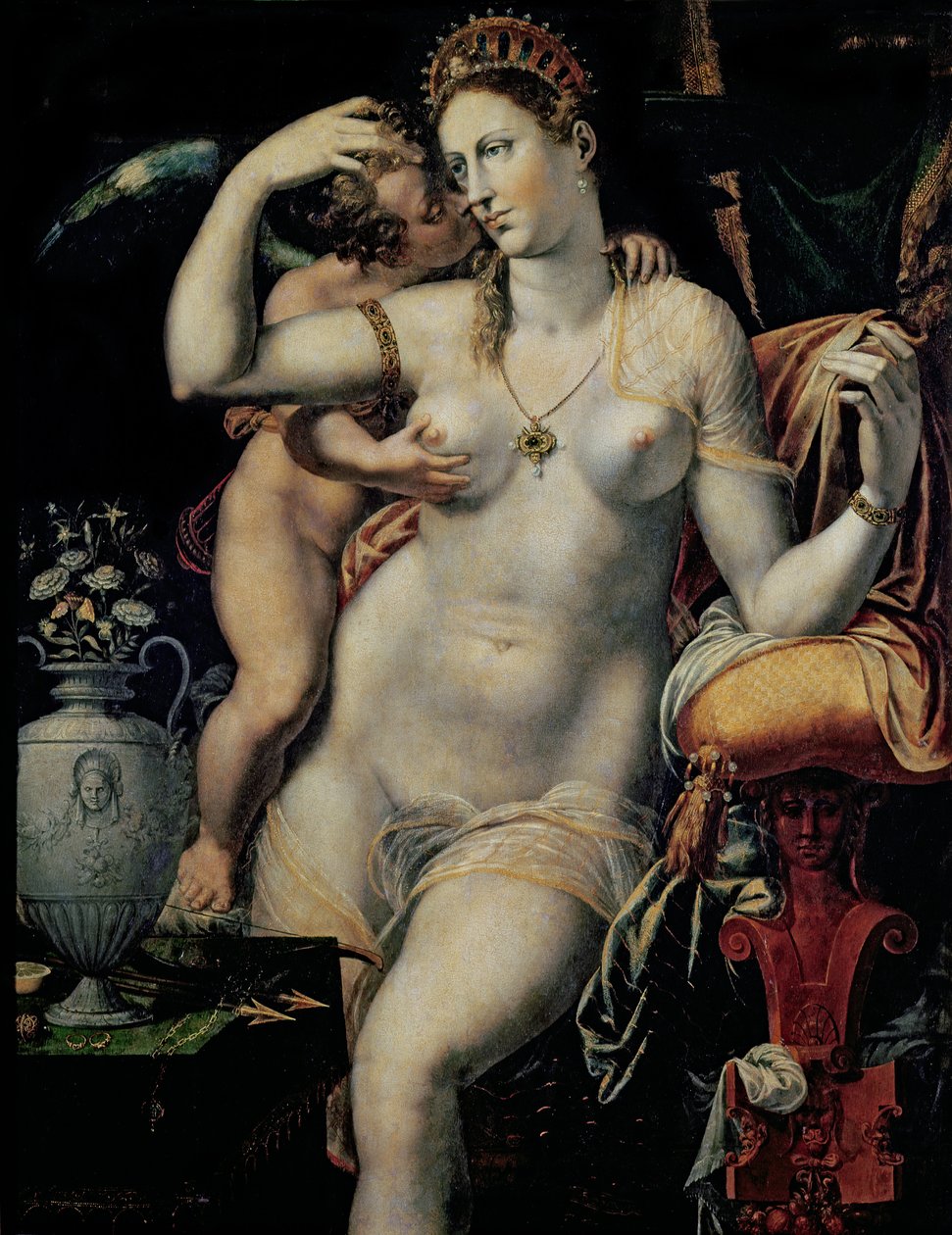 Cupidon caressant Vénus - French School