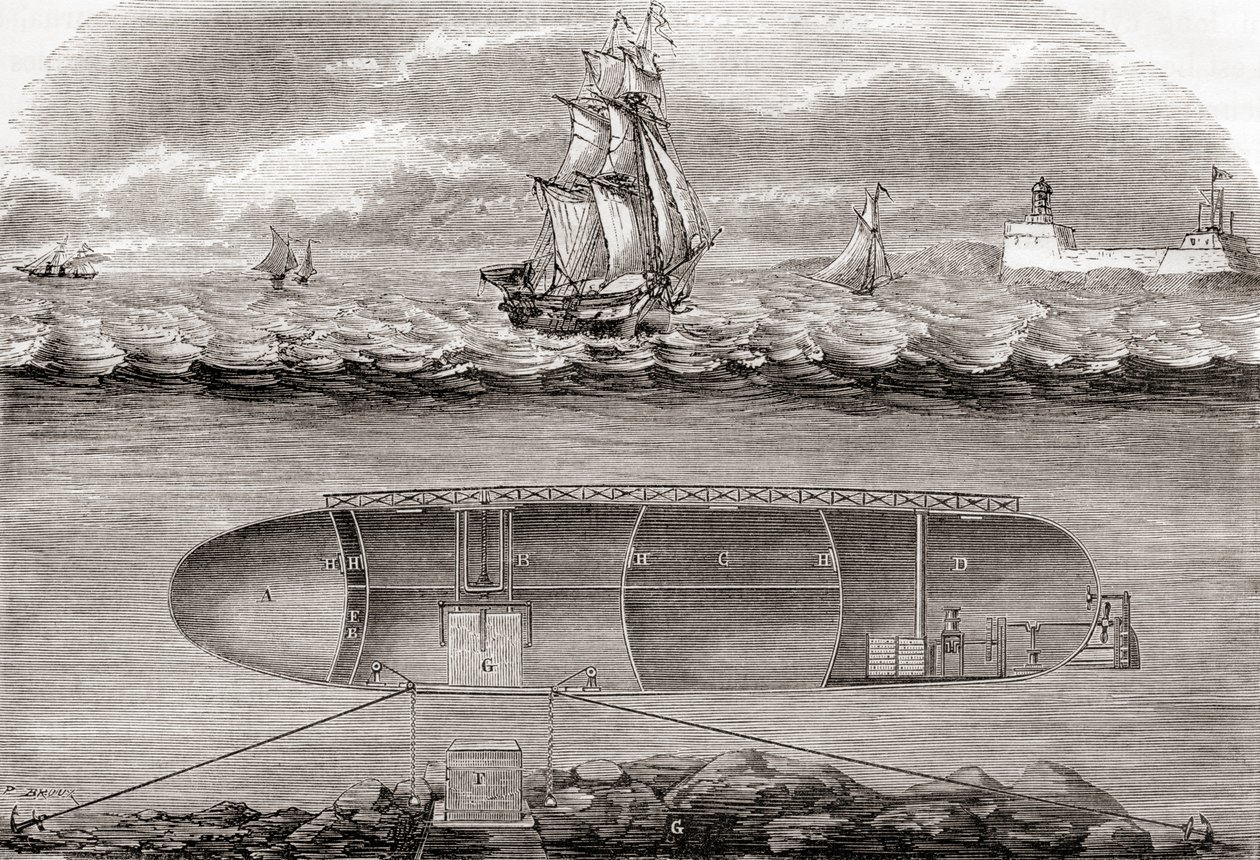 Le sous-marin du 19e siècle de Dr Antoine Prosper Payerne, Le Belledone, construit en 1846, extrait de Les Merveilles de la Science, publié c.1870 - French School