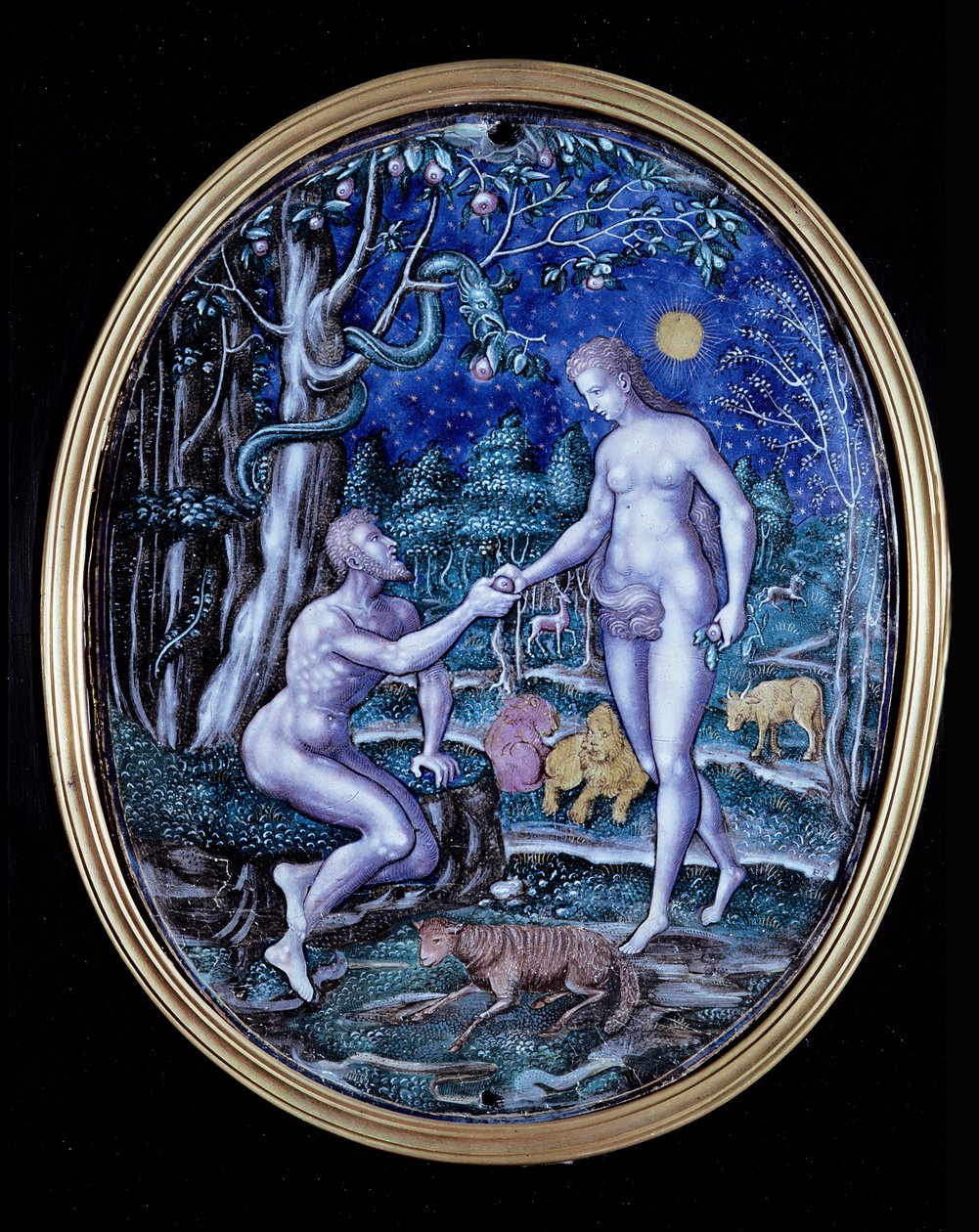 Plaque de Limoges représentant Adam et Ève, vers 1570 - French School