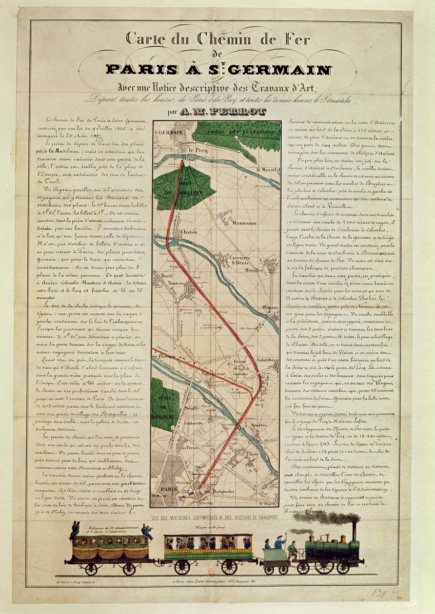 Carte du chemin de fer de Paris à Saint-Germain, par A.M. Perrot, 26 août 1837 - French School