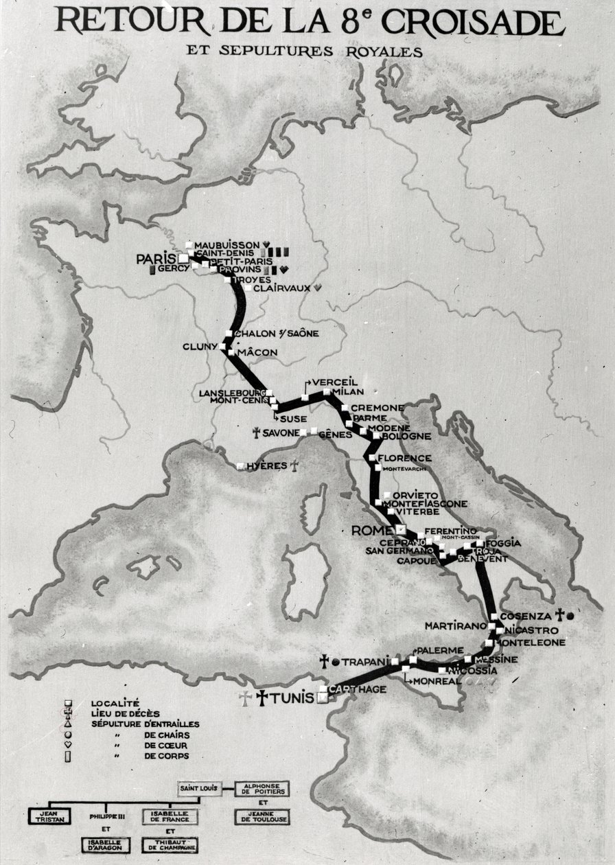 Carte du retour de la 8e Croisade en 1270 avec les lieux de repos du corps de Louis IX - French School