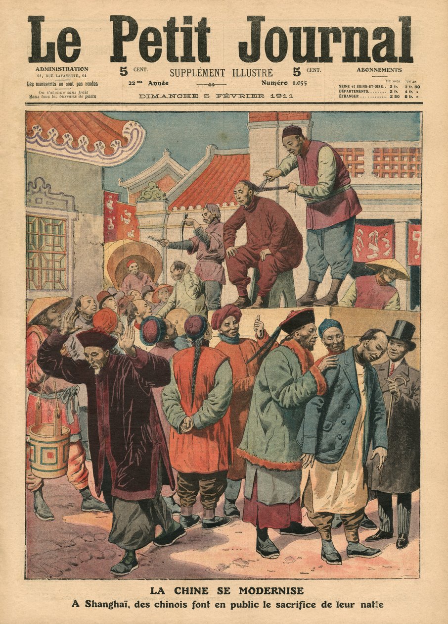 Modernisation de la Chine, Chinois se faisant couper la natte à Shanghai, illustration de 