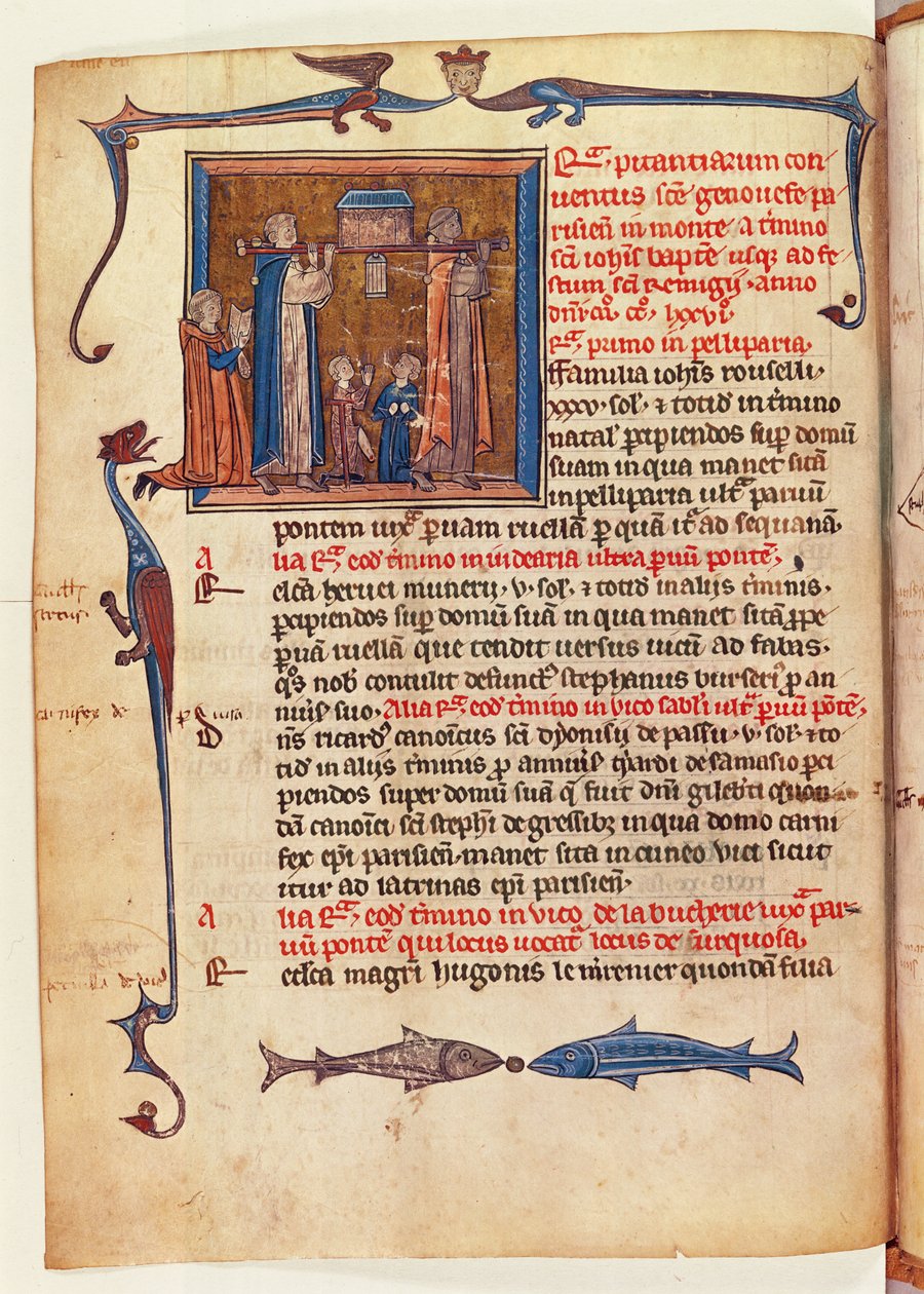 Ms 16261 fol.13v Procession du reliquaire de Sainte Geneviève dans les rues de Paris, du Censier de l