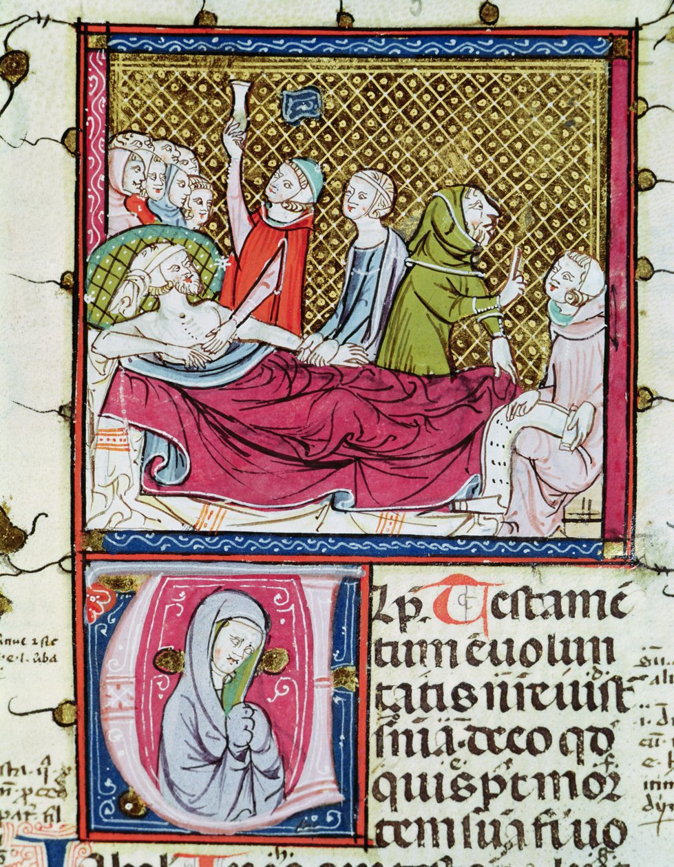 Ms 3076 fol.56r Homme mourant entouré de médecins et de famille, dictant son testament, de 