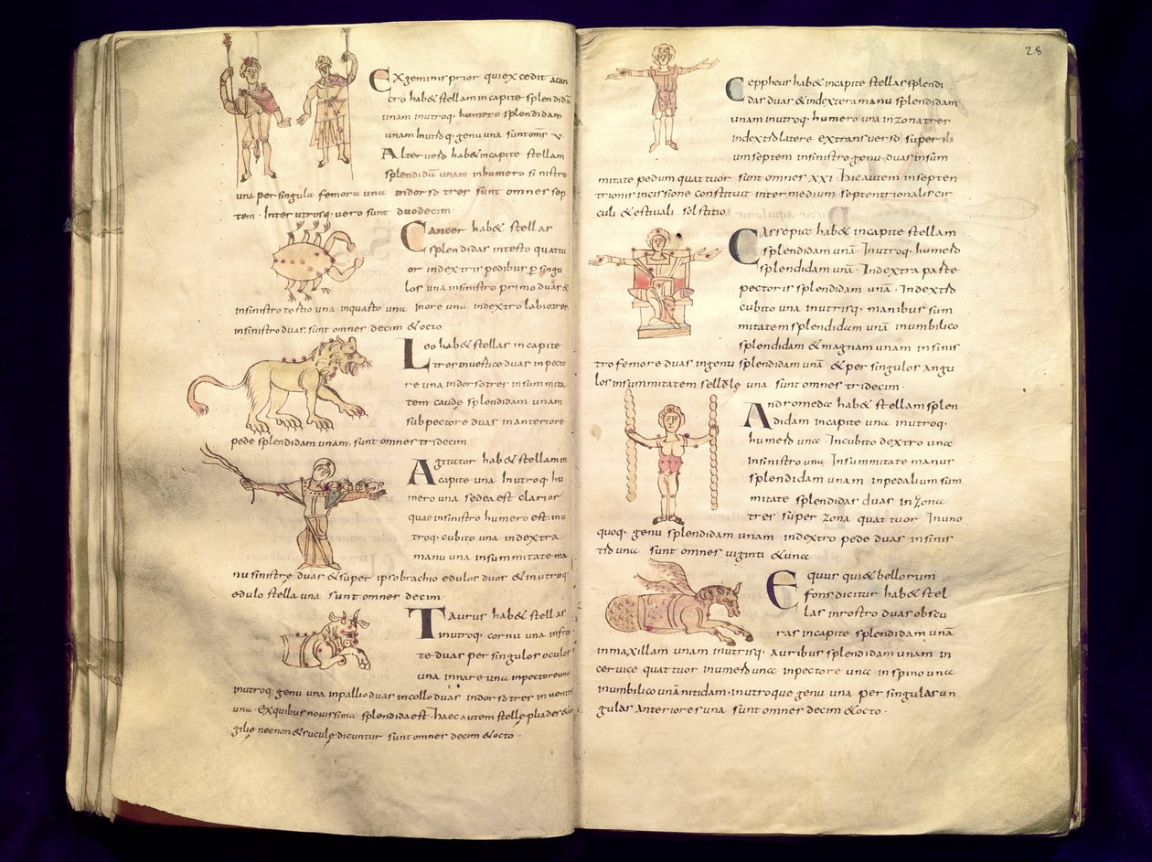 Ms 422 Fol.27v et 28r Chemin de la lune à travers les constellations, de 