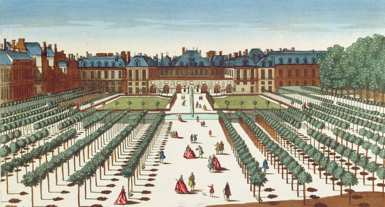 Vue en perspective du Palais Royal depuis les jardins - French School