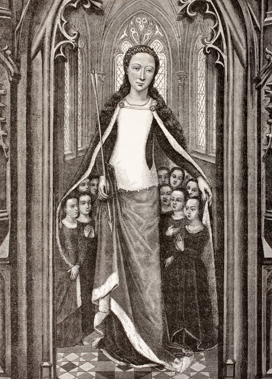 Sainte Ursule tenant une flèche, symbole de son martyre, et protégeant des vierges sous son manteau, de 